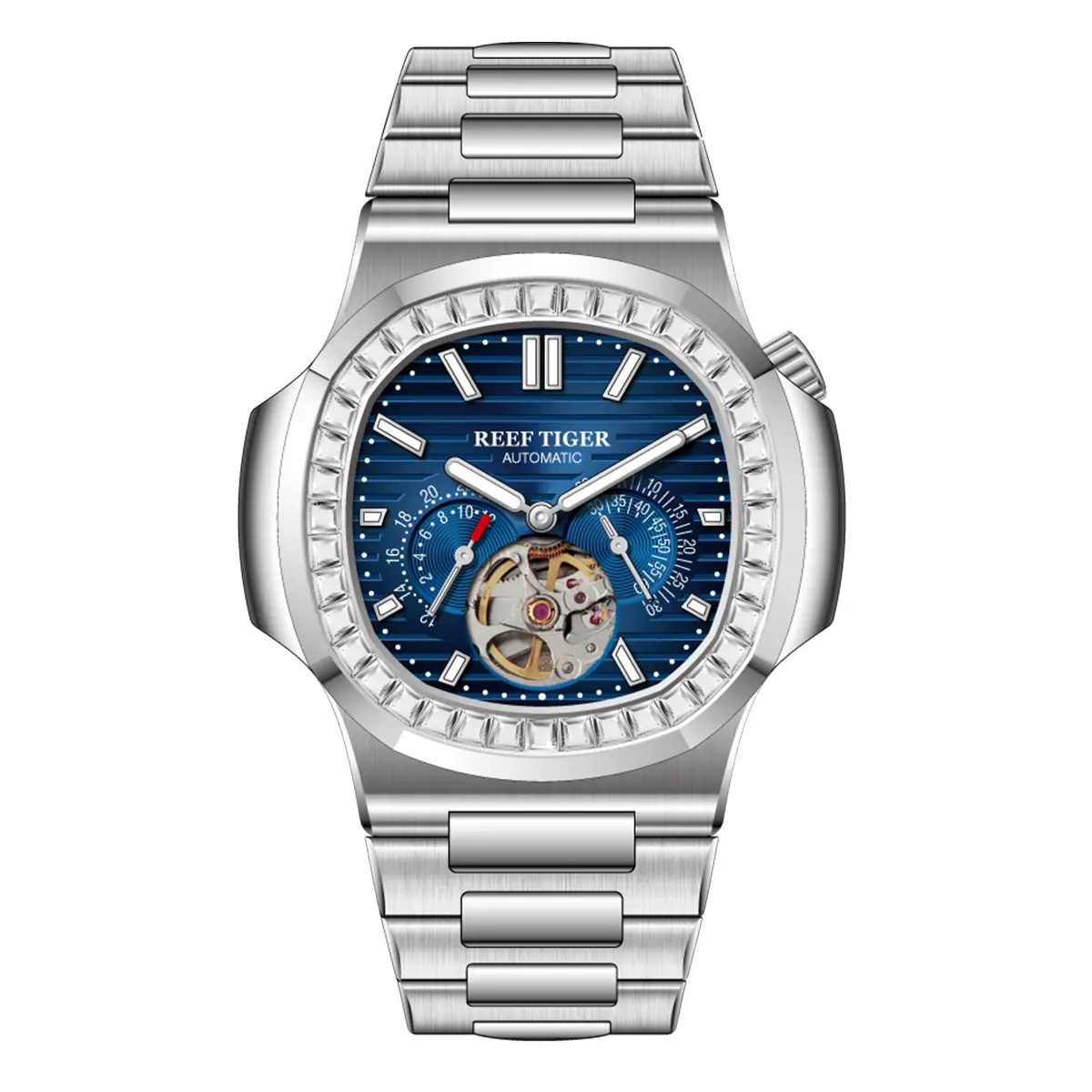 REEF TIGER Men's Stylish Square Watch — Crystal Mechanical Watch, 24-Hour Tourbillon, Water-Resistant Automatic Steel-Band Watch (RGA20S7)