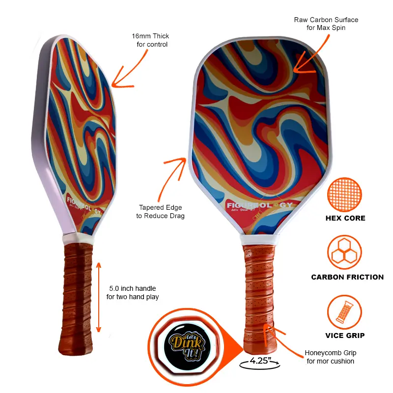 Carbon Fiber Pickleball Paddle Honeycomb Polymer Core graphite Sand Painted Surface to Create Maximum Spin Figureology Lets Dink It!