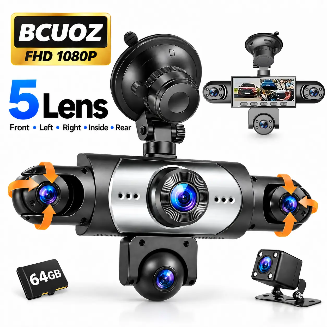 5-Camera Full HD 1080p Dash Cam Kit, 360° Panoramic Coverage, 3.16-inch Display, Night Vision, WDR, Includes a Free 64GB Memory Card—A Must-Have for Travel, Dash Cam, Car Security Camera Car Driving Recorder Car Dashboard Camera