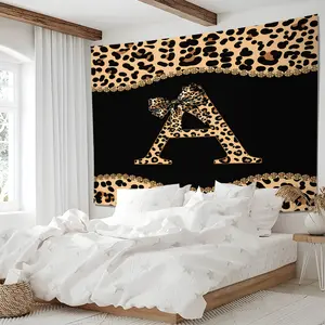 Luxury Leopard Print Monogram A-Z Tapestry, Black Gold Bow Aesthetic Wall Hanging Blanket, Trendy Room Backdrop Decoration, Ideal Personalized Gift for Home & Dorm Decor