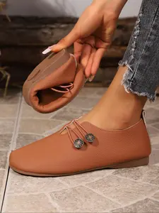 Women's Vintage Round Toe Flat Shoes, Dual Buckle Design, Composite Leather Classic Style, One-Piece Slip-On Comfort, Casual Daily Wear