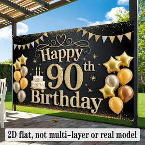 90th Birthday Party Banner - 1PC Reusable Polyester 2D Flat Black Gold Theme with Golden Balloons, Cake, Stars Decor, Door Curtain Backdrop for Indoor Outdoor Celebrations, Party Decoration Supplies, Outdoor Banners