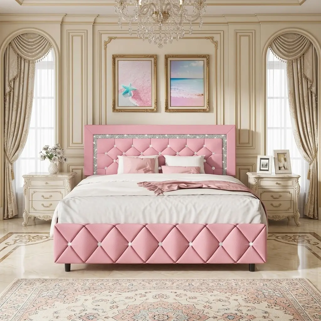 Multisize Upholstered Bed Frame Diamond Tufted Headboard & Footboard Platform Bed Twin/Full/Queen/King Size Modern Bedroom Furniture  Pearl White/Beige/Black/Grey/Pink/Purple/Green No Box Spring Needed