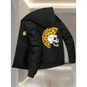 Bmuvlss Men's Pizza Skull Print Hooded Jacket - Slim-Fit Bomber Style Zipper Coat with Stand Collar & Chest Pocket, Casual Winter Outerwear for Men, Machine Washable Fall/Winter Fashion Statement (Black/Yellow/Pizza Slice Design), Streetwear Outfit, Fall