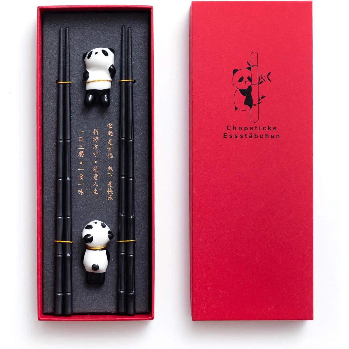 2 Pairs Chopsticks and Chopstick Rest  Set- Dishwasher Safe  Fiber Glass Chopsticks + Porcelain Cute Panda Chopstick Holder, Non-slip Chinese  Style Chopsticks Set, Black