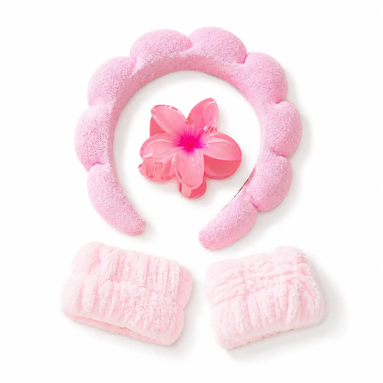 Spa headband and wristband set for face washing – 4 pcs bubble headbands for women, cute flower hair claw clip, fluffy microfiber towel wrist bands for skincare, suitable for daily use, soft puffy headband, makeup headband, headband accessory