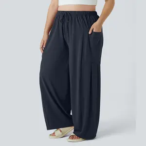 Halara Mid Rise Elastic Waistband Drawstring Side Pocket Palazzo Flowy Wide Leg Casual Plus Size Pants