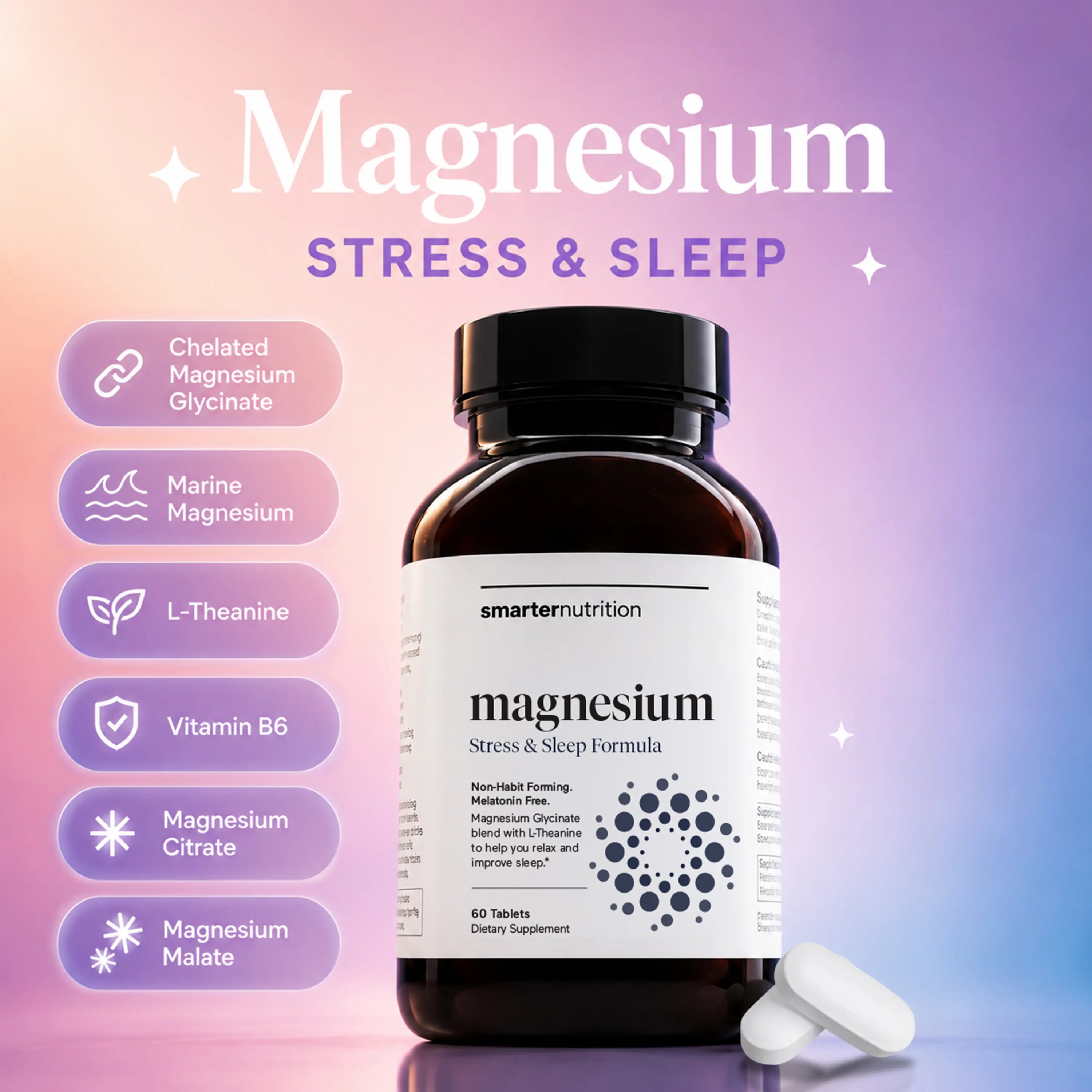 Smarter Nutrition Magnesium Complex Supplement- Chelated Magnesium Glycinate + Citrate, Malate for Sleep, Relaxation, Muscle & Nerves + Clinically Proven L-Theanine, Non-GMO-60 Tablet