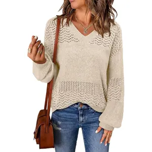 Onlypuff Pullover Sweaters for Women Lightweight Fall Fashion Tops Pullover Trendy Crochet Pointelle Sweater