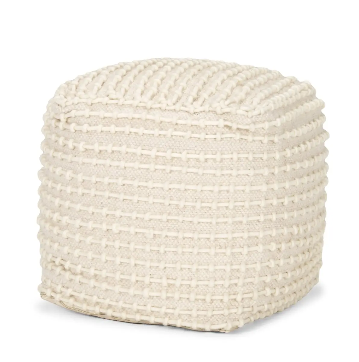 HomeRoots 606771 16 in. Beige & Cream Wool Cube Striped Pouf Ottoman