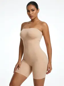 Women's Seamless Shapewear Bodysuit, No Shoulder Strap Full Body Slimming Dress Lining, Comfortable Plain One-Piece Short Pants