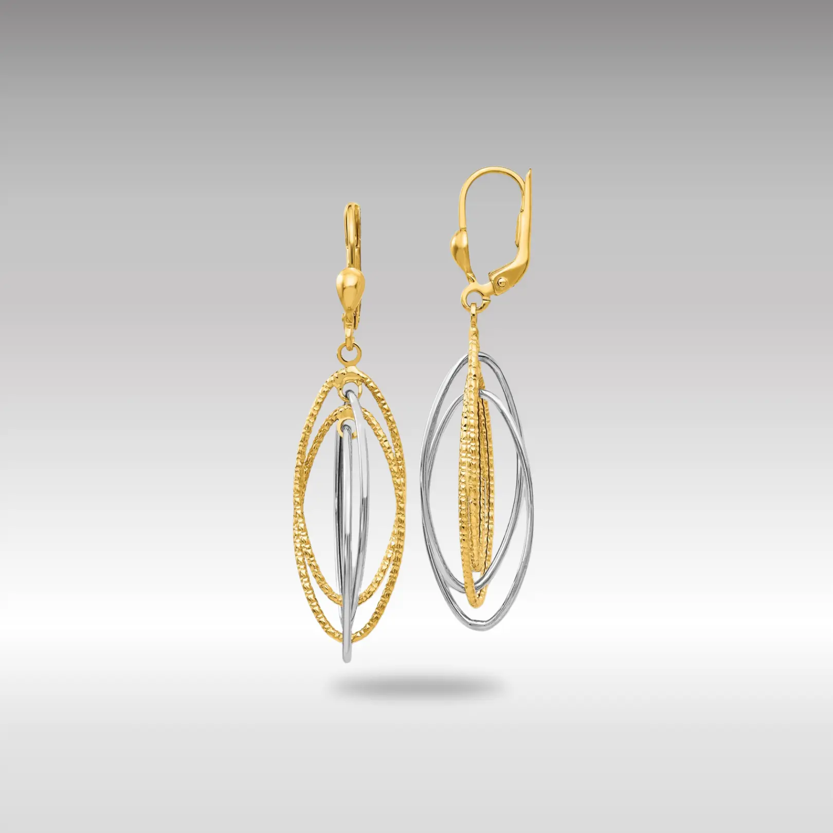 14K Gold Two-Tone Textured and Polished Dangle Leverback Earrings - Model TH872