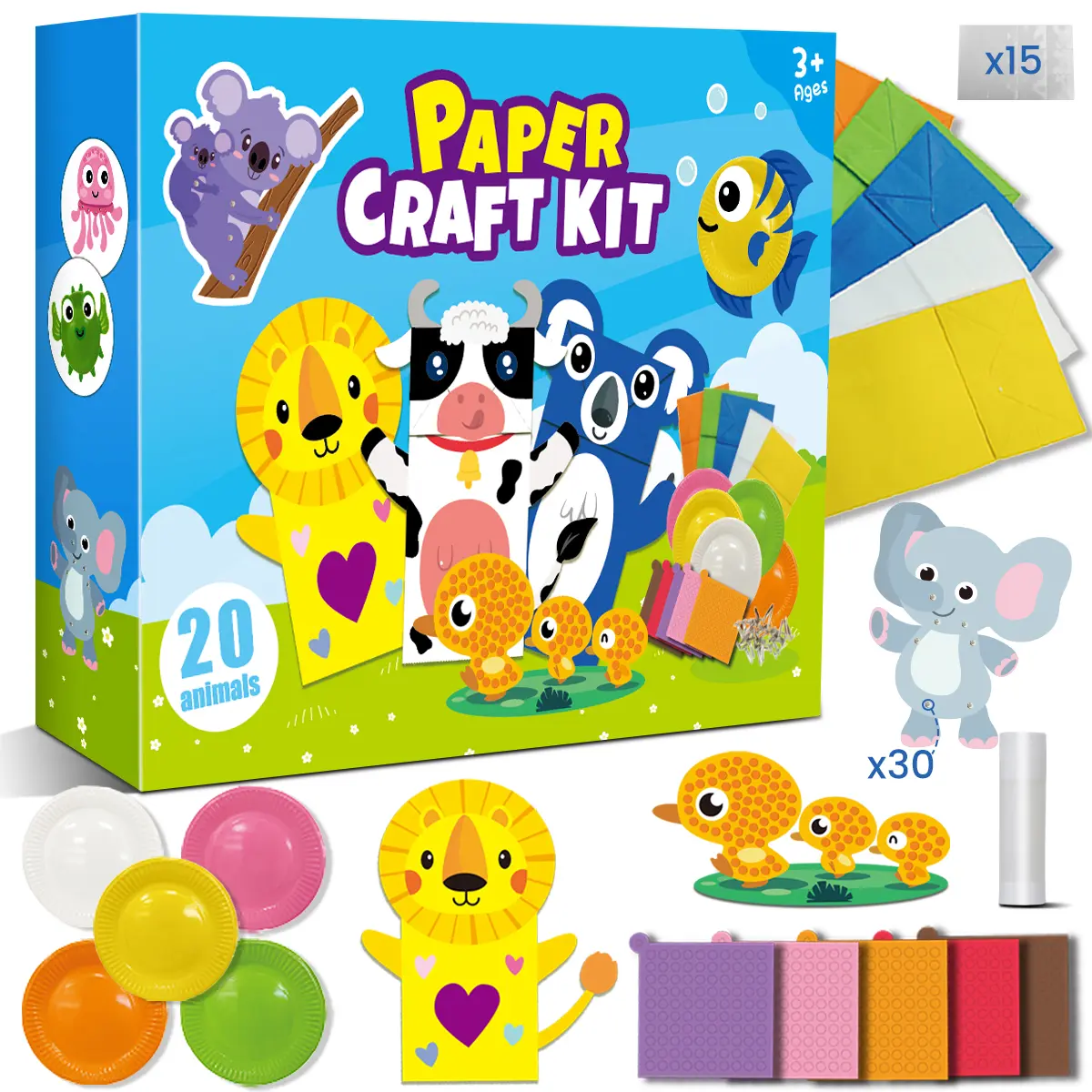 20 Crafts in a Box – 20 Simple Paper Crafts for Kids Ages 3–8, Arts and Crafts Kit with Envelopes, Glue Stick & Tape, Low-Mess Easy Projects for Creativity & Fine Motor Skills, Perfect Christmas Gift for Boys & Girls