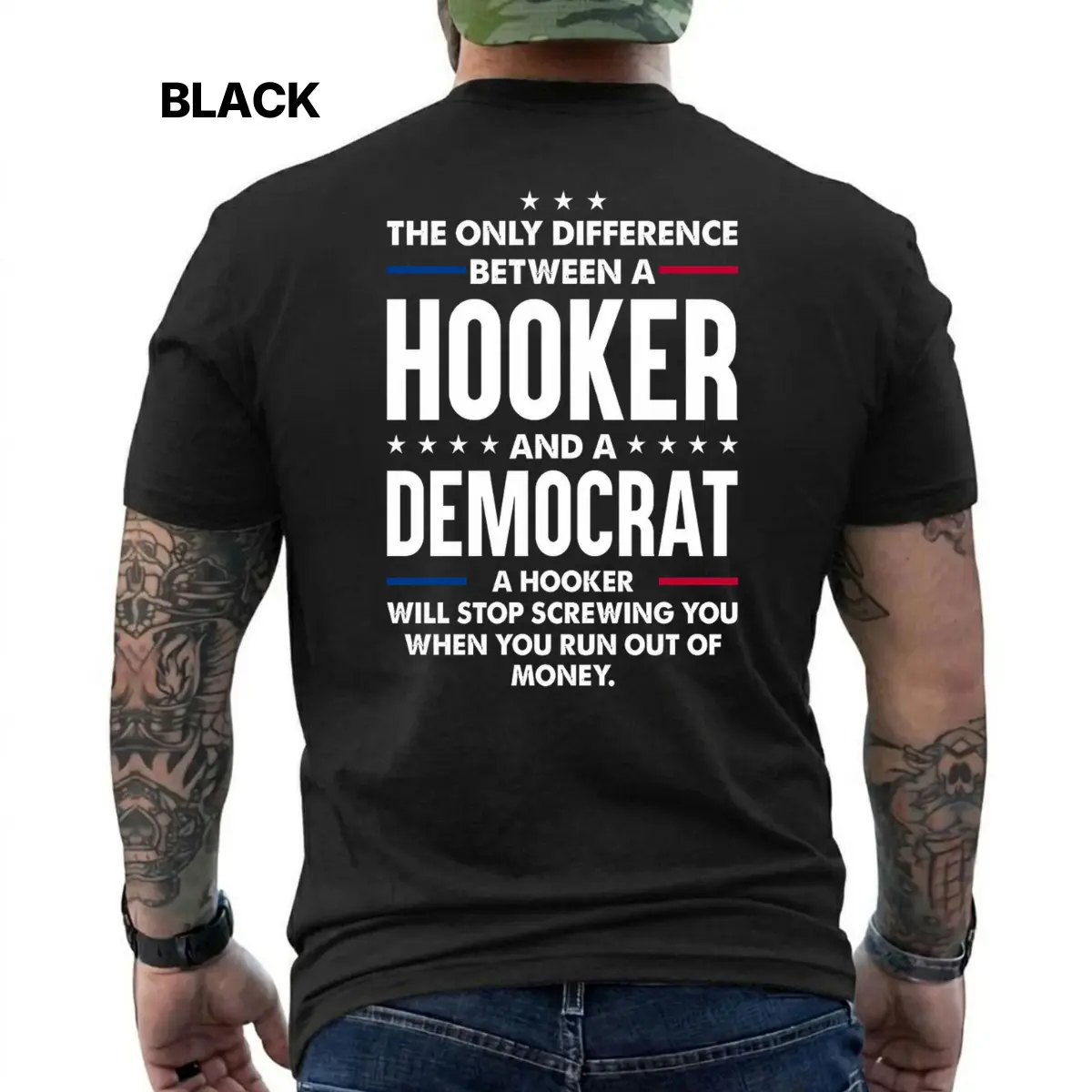 Funny Conservative T-Shirt for Men – The Only Difference Between a Hooker and a Democrat... Political Humor Graphic Tee, Bold Republican Statement Shirt, Short Sleeve Printed Graphic Shirt, Daily Casual Cotton Menswear
