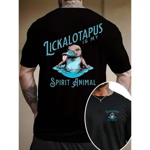 Men's Cartoon Lickalotapus Print Round Neck Tee, Regular Fit Casual Short Sleeve T-shirt, Men's Summer Top for Daily Wear, Tropical