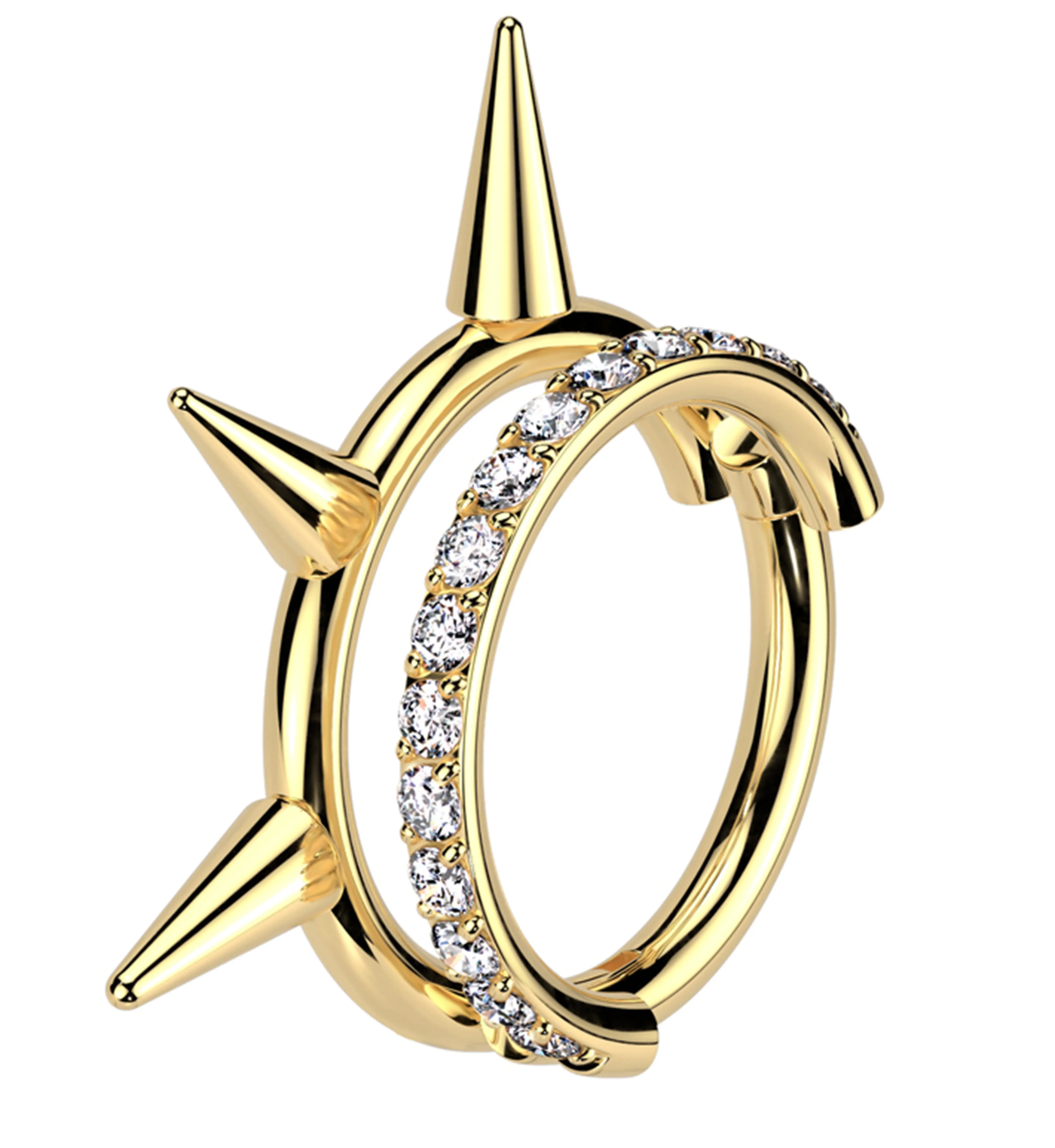 Titanium Base Gold PVD Spike and CZ Double Row Hinged Segmented Ring - Easy Open/Close, Edgy Look Fashion Accessory with Spikes + CZs