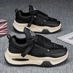 Black-Apricot Tech Casual Sneakers: Buckle + lacing double fixation, air-cushion thick sole for soft comfort, black upper with apricot sole for style, suitable for daily outings/light outfits, blending design and practical coziness