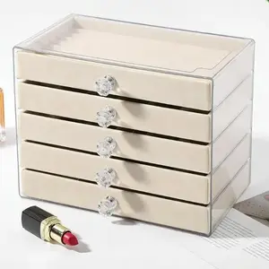Premium 5-Layer Velvet Jewelry Box, Acrylic Desktop Organizer, Multi-Compartment Earring Necklace Ring Storage Case, Dustproof Dresser Jewelry Display Holder