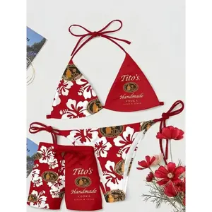 Tito's Handmade Vodka Bikini Set Women Red Floral Halter Triangle Top Tie Side Bottom + Board Shorts Matching Couple Swimsuit Funny Novelty Beer Lover Beach Pool Party Summer Vacation