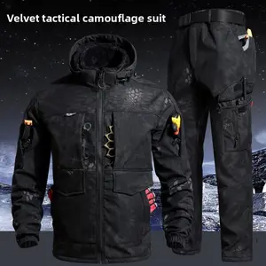 Men's Two-Piece Workwear Set - Includes Waterproof Fleece Lined Hooded Jacket, 9 Close-Fitting Multi-Pockets, Long Sleeve Camo/Navy Design for Operator, Motocross & Outdoor Use, Casual Menswear Essential Clothes Suits Gamis Formal Pants Trouser