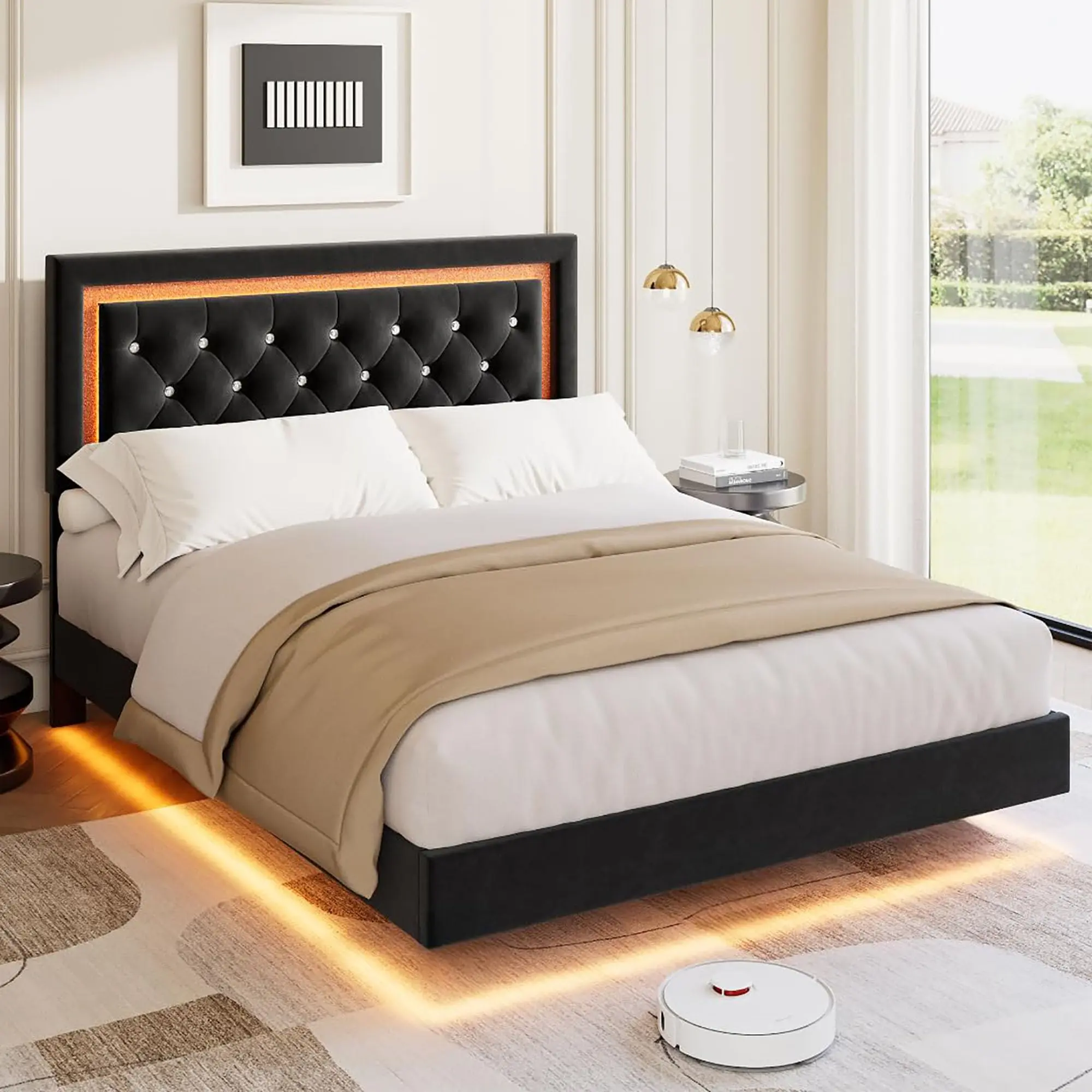 GAOMON Queen Size Floating Platform Bed Frame - Modern Upholstered Diamond Headboard, Smart LED Lights, Noise-Free Wood Slats, Under Bed Storage, Slot Lock, Easy Assembly, Black Indoor Furniture for Bedroom Storage Solutions