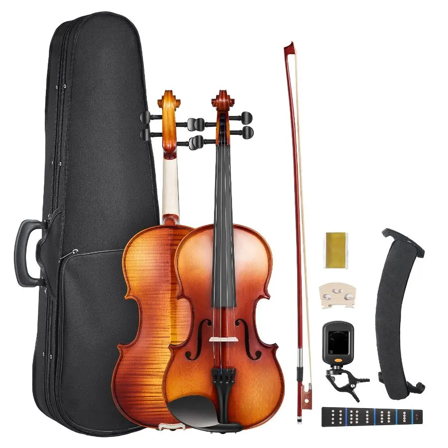 【Summerfinds】VEVOR 4/4 Full Size Solidwood Violin Kit, Glossy Brown Professional Fiddle for Beginners, with Hard Case, Rosin, Bow, Shoulder Rest, Bridge, 4 Strings (Father's Day Gift)