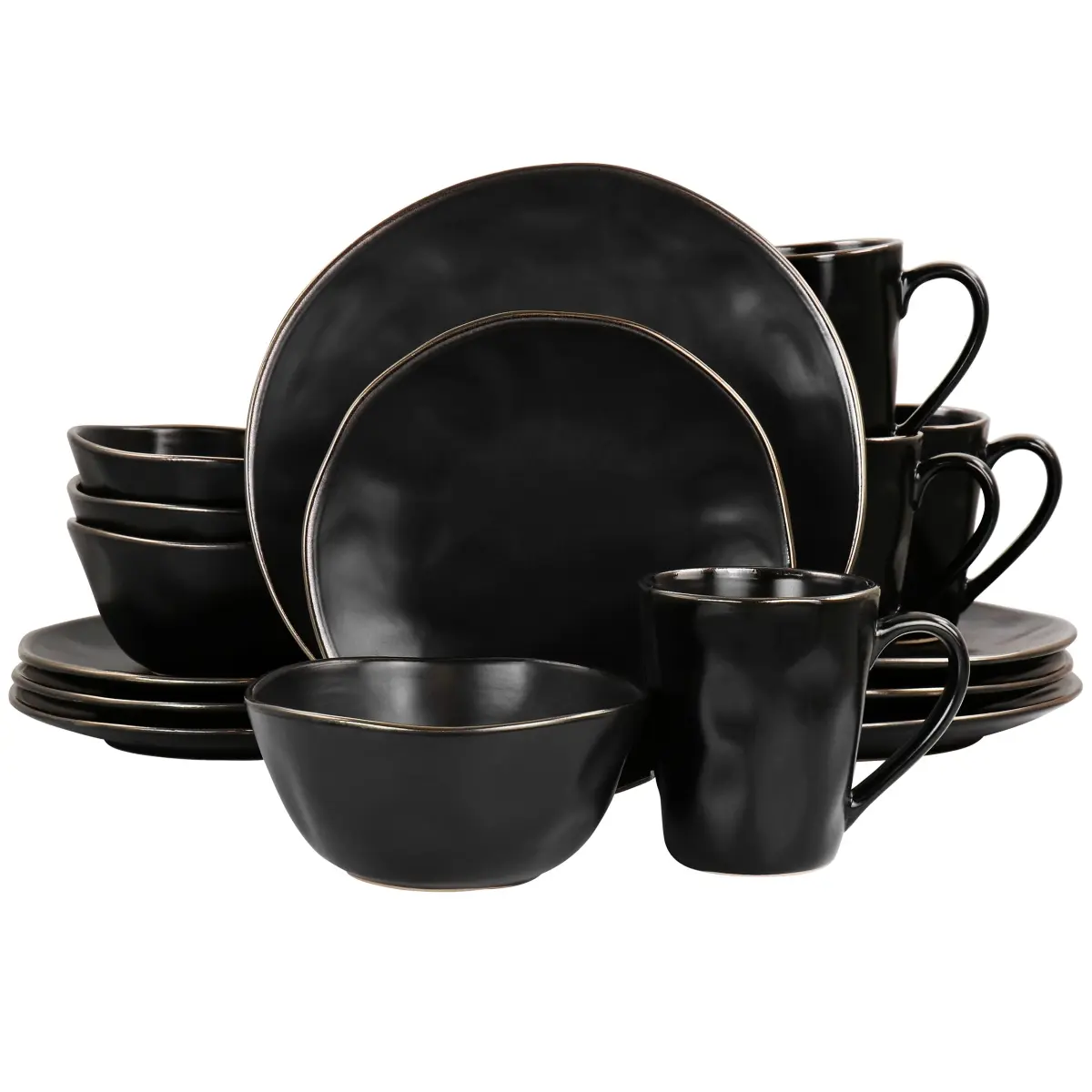 212 MAIN 16-Piece Sturdy Modern Stoneware Round Tableware Set - Matte Black with Gold Rim, Uneven Dimpled Design, Microwave-Safe, Dishwasher-Safe, Everyday Dishes & Bowls