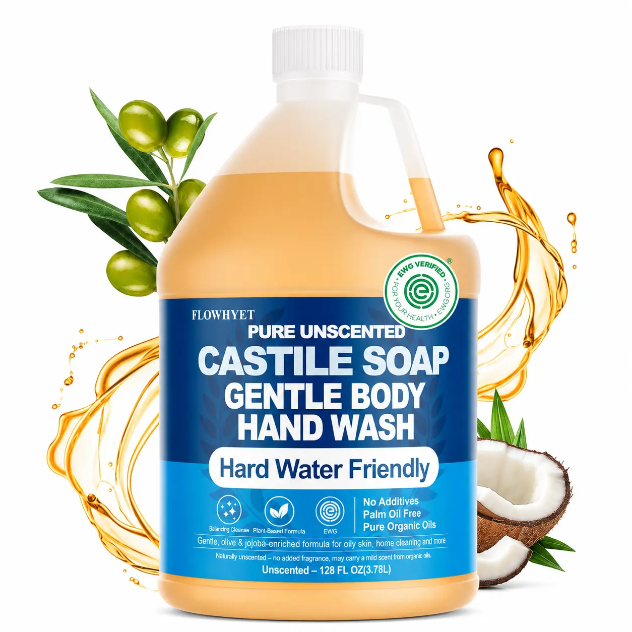 FLOWHYET EWG Verified Unscented Pure Castile Liquid Soap 1 Gal (128 fl oz) Refill - Organic, Hard Water Friendly, Multi-Use for Body, Face, Home Cleaning | Bath & Body Care Daily Essentials