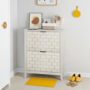 [SOIYELIFE] 31.5 Inch  Retro White Shoe Storage Cabinet, Mid-Century Vintage Freestanding Shoe Cabinet, Shoe Cabinet with 2 Flip Drawers, Suitable for Hallway and Entryway, Staircase Corner  Fine furniture