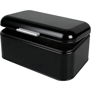 Metal Storage Box with Hinged Lid, Decorative Tin Box  Keepsake Bread Bin Container for  Kitchen Counter (Black)