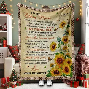 To My Bonus Mom Flannel Blanket Sunflower Letter Print Throw Blanket Gift for Stepmom from Stepdaughter Birthday Mother's Day Cozy Plush Blanket