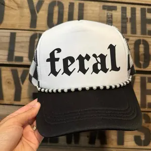 Feral Checkered Trucker Hat with Beaded Chain - White and Black Design
