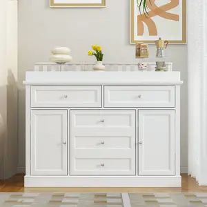 FUFU&GAGA Sideboard with 3 Large Drawers, 2 Doors & Organizer Top, Modern Wooden Kitchen Buffet Cabinet Storage Cupboard Console Table for Dining Room Living Room, White
