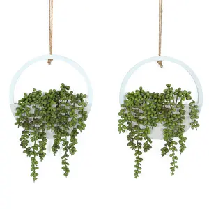 2pcs Artificial String of Pearls Hanging Plants with Wooden Pot and Fairy Lights 12.2" Fake Succulents with 8.3" Lanyard No Water Decor for Bedroom Office Bathroom Swinging Planter  Planter