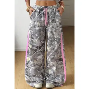 Gray Camo Woodland Print Color Block Detail Drawstring Wide Leg Sweatpants