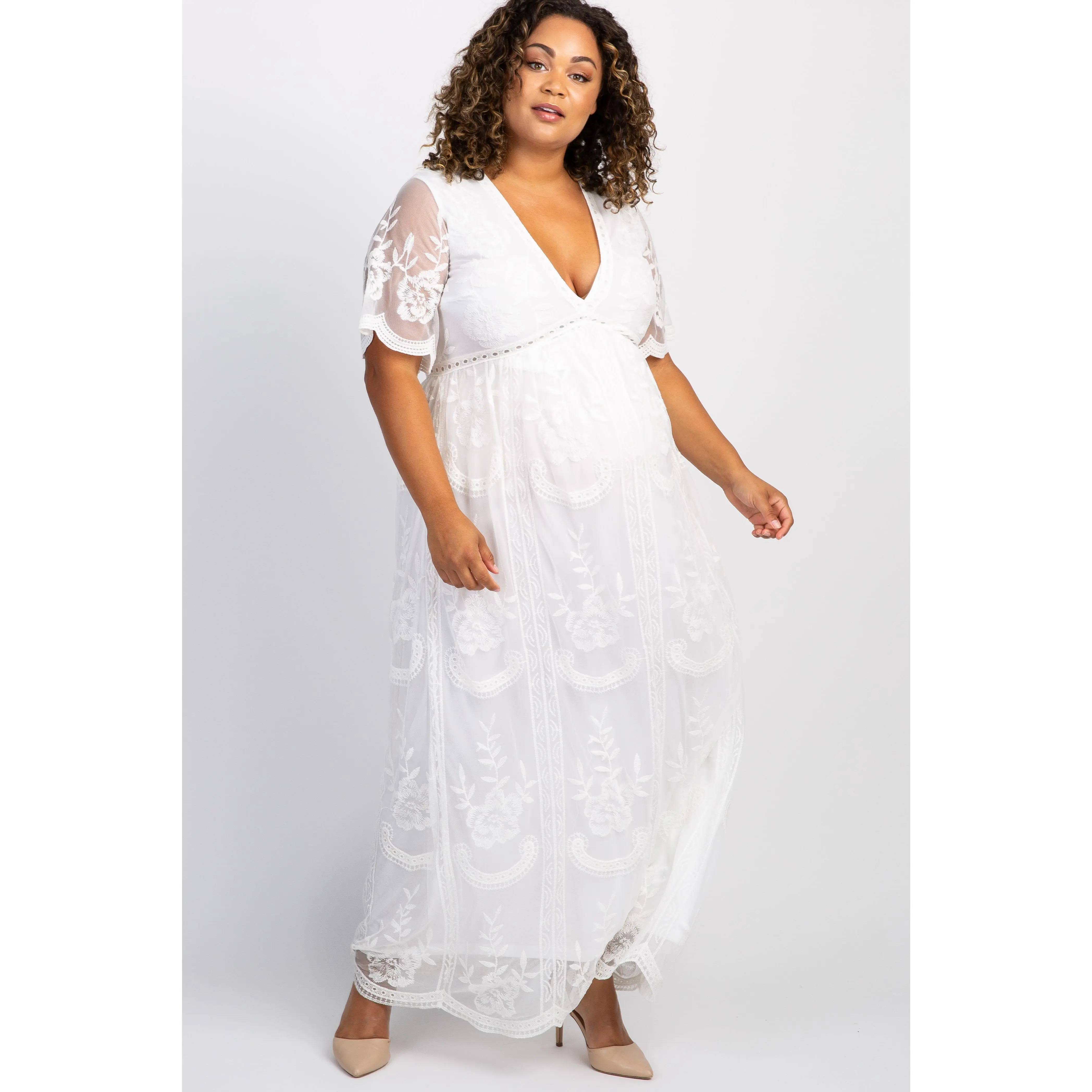 PinkBlush White Lace Mesh Overlay Plus Maternity Maxi Dress