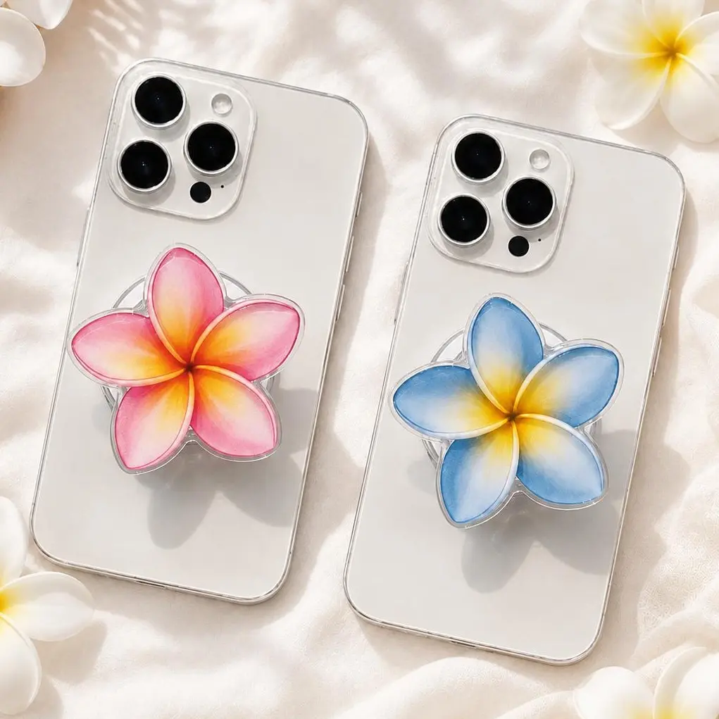 Pink & Blue Plumeria MagSafe Phone Grip – Tropical Flower Magnetic Phone Holder & Kickstand – Summer Floral Gift