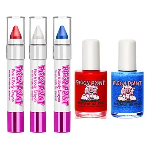 Piggy Paint Firework Fun Bundle - 2 Non-Toxic Nail Polish 0.5oz Bottles & 3 Face Body Crayons Red White Blue for Kids Safe & Cruelty-Free