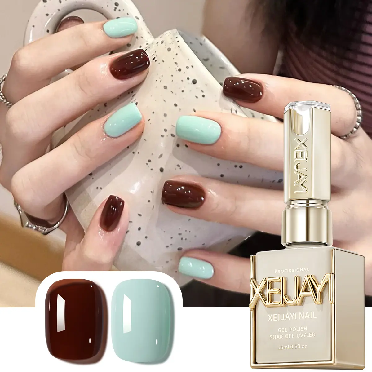 【live off】2PCS*15ML Autumn and Winter Maillard Nail Polish Gel Super Bright Mint Green Amber Brown 103+34 Nail Polish UV Gel, High Saturation Firm and Lasting for Salon Nail Design Female Christmas Gift