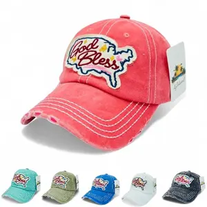 "God Bless America" Vintage Distressed Embroidered Patch Baseball Cap - 100% Cotton, Breathable, Casual, Adjustable, UV Protection