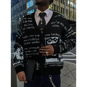 Men’s Cartoon Print Crew Neck Sweater, Loose Casual Long Sleeve Top, Perfect for Spring & Fall, Fashionable Knitwear for Everyday Wear