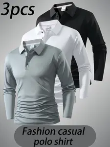 Men's Long Sleeve Polo Set, 3-Pack High-Quality Casual & Business Wear, All-Day Crisp Fit, No Ironing Needed, Stylish Men's Apparel