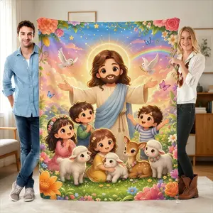 Jesus Cartoon Lamb Blanket Super Soft Fleece Blanket, Suitable For Multiple Scenes, Perfect For Sofas, Beds, Cars, And Offices, Skin-Friendly And Safe For Any Skin Type, An Ideal Gift For Everyone.