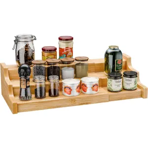Simple Trending Spice Rack Kitchen Cabinet Organizer, 3 Tier Bamboo Expandable Spice Storage, Display Shelf for Cupboard, Pantry, Yellow