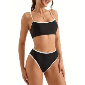 Tan Lines Bikini Set for Women Sporty Scoop Neck Bandeau Top High Waisted High Cut Color Block Summer Beach Sporty & Flattering