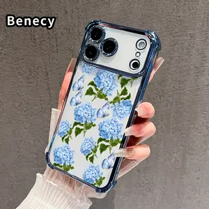 Compatible with iPhone 17 16 Pro Max 15 Plus 14 13 12 11 E Air Phone Case Hydrangea and Butterflies Pattern Transparent Full Coverage Four Corners Anti-drop Casing