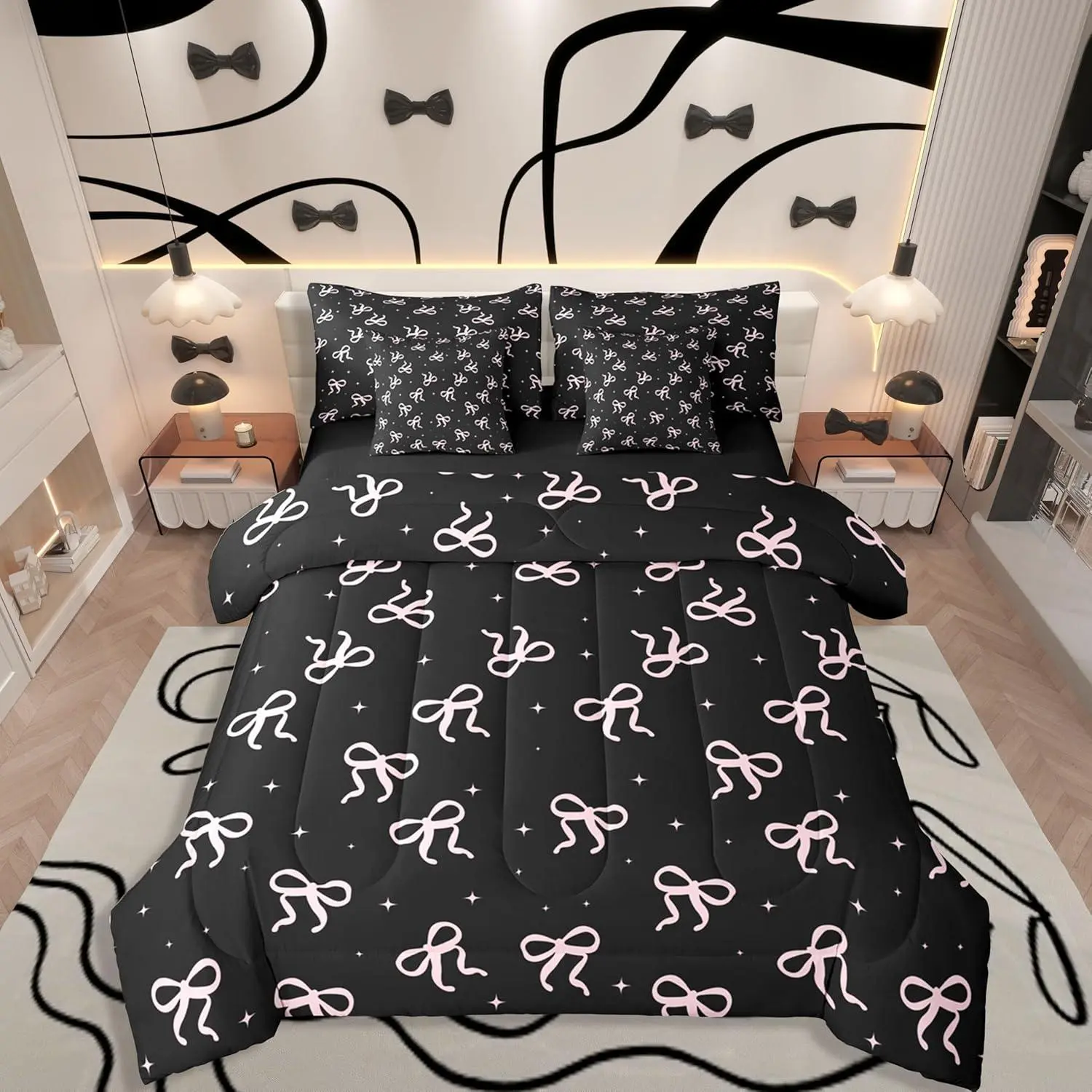 Feelyou Queen 7-Piece Quilt Bedding Set - Bedspread Set, Pink and Black Bow Sheets, Modern Coquette Preppy Aesthetic for Girls, Breathable Soft Blanket, Girly Bedroom Decor Gift, Animals