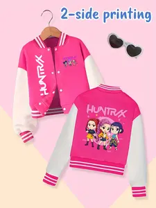 Girls Kpop Demon Hunters Q Version Character Print Baseball Jacket, Kids Fall Winter Elastic Fit Casual Cute Outerwear, Fashion Daily Wear