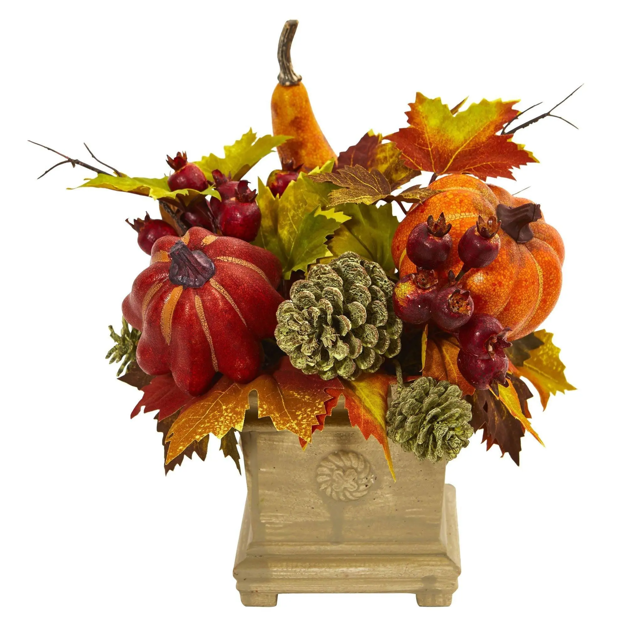 11-in Rustic Harvest Artificial Plant Arrangement with Faux Floral Elements, Decorative Artificial Fruits (Pumpkin, Gourd), Berry & Maple Leaf Ornaments for Home Decor