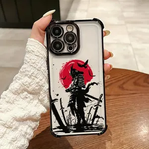 Japanese-Style Red Moon Samurai Phone Case Compatible with iPhone 17 16 15 14 13 12 11 Air Pro Max Plus, Featuring a Transparent Soft Back for Drop Protection Protective Personalized Casing. Animal Colorful